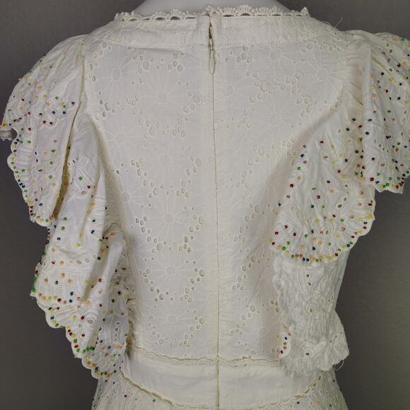 FARM Rio Boho Ivory Eyelet Lace Patch Beaded Tiered Mini Dress Size Medium - Picture 9 of 15